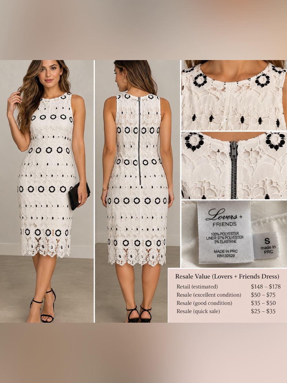 Lovers + Friends White Crochet Midi Dress with Black Floral Accents